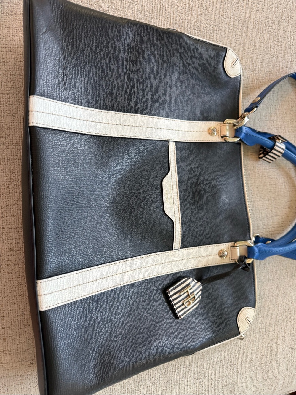 Henri Bendel Color Block Black and White Tote Bag with Blue Handles Minor wear - Picture 2 of 16